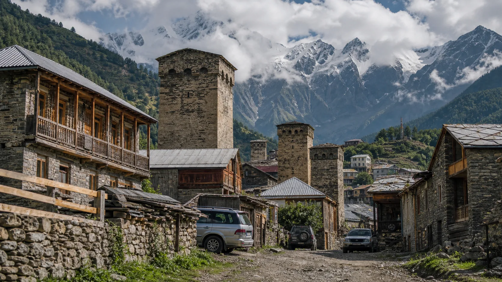 Mestia street with Svan towers
